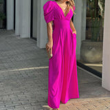 2025 New Women's Short-Sleeved Stylish Elegant Large-Size Wide-Legged Jump-Legged Jumpsuit HZ1208