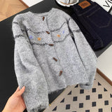 Horn Buckle Loose Retro Sweater Cardigan Women 2025 Autumn And Winter New Round-Necked Collared Flower Knitted Coat HZ1208