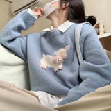 Lazy Goat Round-Neck Blue Sweater Women's Autumn And Winter New Three-Dimensional Bow Short Soft Glutinous Knitted Shirt Top HZ1208
