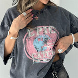 High Street Trend Fashion To Do Old Washing Printing T-Shirt With Seven-Sleeve Top Loose Oversize Women HZ1208