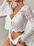 Ocean Knitted Hollow Beach Hoodie Strapped With Open Shirt Bikini Outside HZ1208