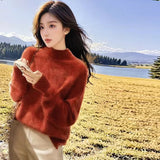 Cashmere Sweater Women In Autumn And Winter Under The Bottom Of The Blouse Lazy Style Design Sense Retro Half-High Collar Red Knitwear HZ1208