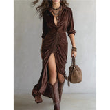 Autumn/Winter 2025 Fashion Button Folded Velvet Long-Sleeved Shirt Dress HZ1208