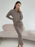 New Knitted Suit For Women's Knitted Yarn For The Autumn/Winter 2025 Soft Open-Fork Sweater Plus T-Shirt With Half-Body Skirt HZ1208