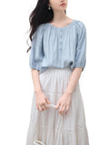Light Blue Shirt Women's Round Collar 2025 Summer Dress New French Commuting Shirt Casual Loose Mid-Sleeve Top Shirt HZ1208
