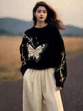 Black Butterfly Print Sweater Women 2025 Autumn And Winter New Loose This Year's Popular Beautiful Design Knitting Top HZ1208