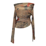 Vintage Graffiti-Printed Shoulder-Threin Mesh Long-Sleeved Blouse Side Drawstring Tethered With Slime T-Shirt 8959 HZ1208