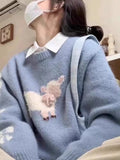 Lazy Goat Round-Neck Blue Sweater Women's Autumn And Winter New Three-Dimensional Bow Short Soft Glutinous Knitted Shirt Top HZ1208