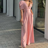 2025 New Women's Short-Sleeved Stylish Elegant Large-Size Wide-Legged Jump-Legged Jumpsuit HZ1208