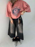 High Street Trend Fashion To Do Old Washing Printing T-Shirt With Seven-Sleeve Top Loose Oversize Women HZ1208