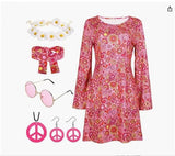 2025 Halloween 70S Hippie Disco Festive Dress Turban + Print Dress Two-Piece HZ1208