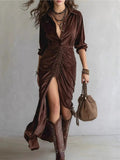 Autumn/Winter 2025 Fashion Button Folded Velvet Long-Sleeved Shirt Dress HZ1208