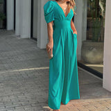 2025 New Women's Short-Sleeved Stylish Elegant Large-Size Wide-Legged Jump-Legged Jumpsuit HZ1208