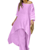 2025 New Women's Cotton And Cotton Fashion Casual Large Code Irregular Long-Sleeved Set Of Wide Leg Pants Two Sets HZ1208