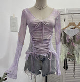 Design Lace Splicing Long-Sleeved T-Shirt Women's Bow Strap Hollow Irregular Blouse 6179 HZ1208