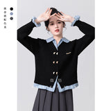 Fake Two POLO-Necked Sweater Women's Spring And Autumn 2025 Spring And Autumn New College Style Splicing Knitted Cardigan Women's Top HZ1208