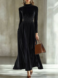 Autumn And Winter New Half-Healt Collar Waist Repair Folded Gold Velvet Temperament Long Dress HZ1208