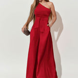 Women's Dress 2025 New Solid Color Collared Shoulder Tie With High-Waisted Broad-Legged Jumpsuit Woman HZ1208