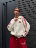 Striped Knitted Cardigan Collar Zipper Retro Sports Rice White Hit Red High Street Burst Autumn HZ1208