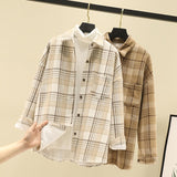 Add Thick Hair Coat Women 2025 Autumn And Winter New Shirt Port Loose Long-Sleeved Grinding Lattice Plus Velvet Shirt Woman HZ1208