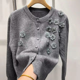 Solid-Color Flower Embroidery Design Blouse With Ocean Knitted Cardigan Long-Sleeved Temperament Minus Age Casual Sweater Woman HZ1208