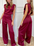 2025 Summer New Women's Solid Color Straight Collar Sleeveless Loose Sleeves Wide-Legged Jumpsuit HZ1208