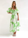 2025 Summer Print V-Neck Sexy Bohemian Bubble Sleeve Holiday Beach Dress HZ1208
