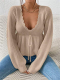 Loose V-Neck Drawstring With Lotus Leaf-Side Skirt Knitted Head Sweater HZ1208