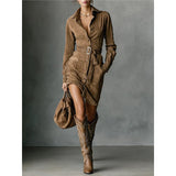 2025 Women's Autumn And Winter Velvet Fashion Single-Dbutton Shirt Dress Skirt With Belt HZ1208