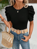 Spring And Summer New Dress-Up Round Collar Bubble Short-Sleeved T-Shirt Blouse Woman HZ1208