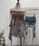 Small-Sized Old-Fashioned Green Shoulder Horn Sleeve Blouse Dye Net Yarn Lace Draw Rope Short T-Shirt 8010 HZ1208