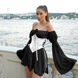 21154 Chiffon Shoulder Irregular Dress Girded Suit Temperament Commuting Short Skirt HZ1208