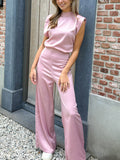 2025 Summer New Women's Solid Color Straight Collar Sleeveless Loose Sleeves Wide-Legged Jumpsuit HZ1208