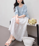Light Blue Shirt Women's Round Collar 2025 Summer Dress New French Commuting Shirt Casual Loose Mid-Sleeve Top Shirt HZ1208