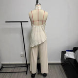 Women's New Asymmetric Neck Collar Blouse High-Waisted Silk Jerk Trousers Set HZ1208