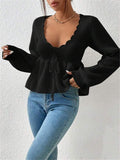 Loose V-Neck Drawstring With Lotus Leaf-Side Skirt Knitted Head Sweater HZ1208