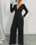 Women's Dark V Solid-Color Pit Strip Sexy Body-Snley Elegant Temperament Jumpsuit HZ1208