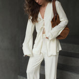 Fashion Casual Light And Thin Tight With Horn Sleeves Loose Waist Straight Trousers Knitting Set Spring And Autumn HZ1208