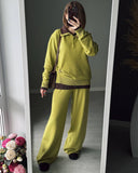 Autumn And Winter Solid-Color Lap-Over Sweater Set Women's Loose Knit Polo Collar Sweater Broad Leg Pants Two-Set HZ1208