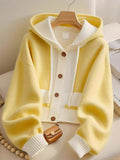 Vintage Style Yellow Splicing Hood Design Sweater Coat Knitted Cardigan Showing Lean Long Sleeves Loose Casual Top HZ1208