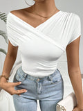 2025 Spring And Summer Explosion Folding Collar V Collar Sexy Blouse Lady Short-Sleeved T-Shirt HZ1208