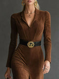2025 Autumn And Winter Velvet Temperament Waist Suit Collar Open Dress Dress With Belt HZ1208