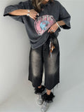 High Street Trend Fashion To Do Old Washing Printing T-Shirt With Seven-Sleeve Top Loose Oversize Women HZ1208