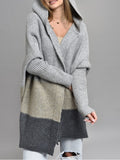 Spring And Autumn Classic Splicing Color Knitted Sweater Cardigan Women's Fashion Hooded Loose Casual Coat HZ1208