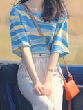 Summer Korean Chic Oceanous Special To Beautiful Blouse Loose And Thin Blue Striped T-Shirts HZ1208