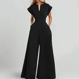 2025 Women's Loose Fashion Elegant Short-Sleeved V-Neck Solid-Colored Broad-Legged Jump-Legged Jumpsuit HZ1208
