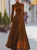 Women's Autumn And Winter Gold Velvet High Collar Bubble Sleeves To Close The Waist Big Dress Elegant Long Dress HZ1208