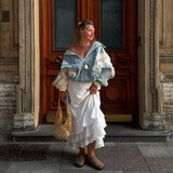 Lace Spliced Denim Jacket Zipper French Hollow Cake Bubble Sleeve Long Sleeve Autumn And Winter Woman HZ1208