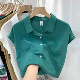 Standing Short-Sleeved Shirt Women's Summer Thin Design Sense Of New Leisure Loose Collar Cover Gas Blouse Tide HZ1208