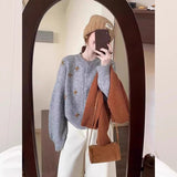 Korean Version Of Gray Loose Hand Embroidered Sweater Coat Women In Autumn And Winter Outside The Lazy Wind Soft Knitted Cardigan HZ1208
